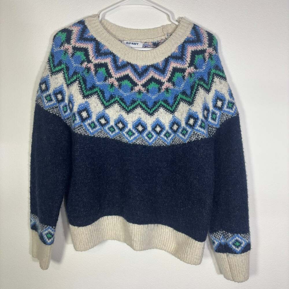 Old Navy Womens M Fair Isle Sweater Blue Wool Blend Nordic Cozy Winter Pullover